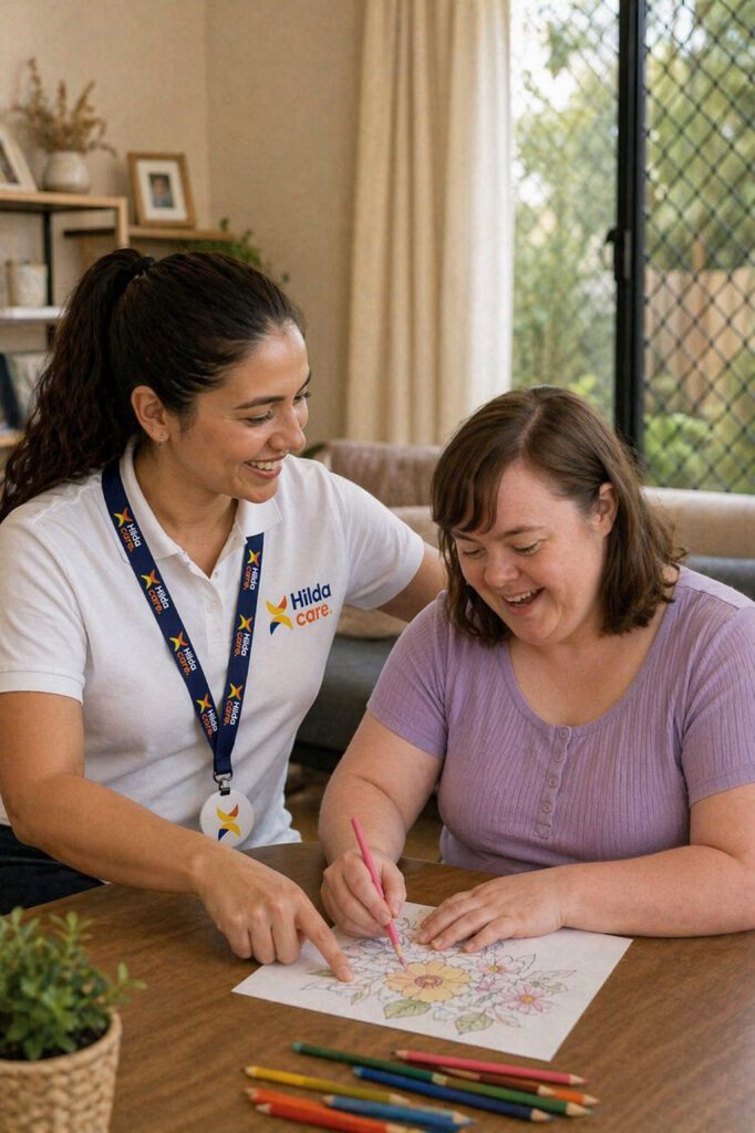 Two women sit at a table coloring a flower drawing, with colored pencils scattered nearby and a bright, homey room in the background.