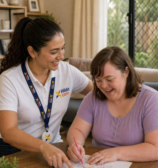 Two women sit at a table coloring a flower drawing, with colored pencils scattered nearby and a bright, homey room in the background.