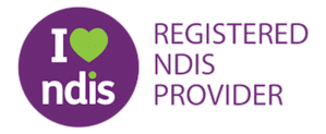Purple circular logo reading 'I ♥ ndis' with a green heart, next to the text 'REGISTERED NDIS PROVIDER' — indicating a registered NDIS provider badge.