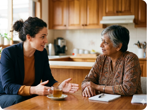 Two women of different ages sit at a kitchen table, talking warmly over tea with a notebook nearby that suggests a discussion or planning session.