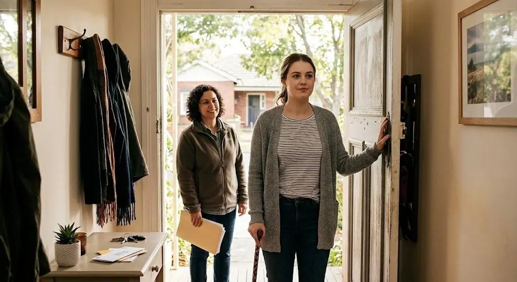 Two women stand in a sunlit home doorway; one holds a folder and the other opens the door.