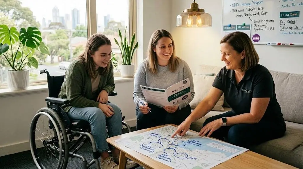 Three women in a bright office discuss around a table with a large map; one is in a wheelchair and listening.