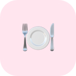 Place setting with a white plate, fork to the left and knife to the right on a pale pink background.