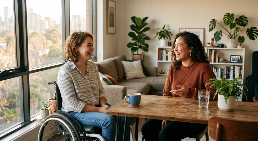 Two women share a joyful conversation at a wooden table in a bright living room; one is in a wheelchair by the window.