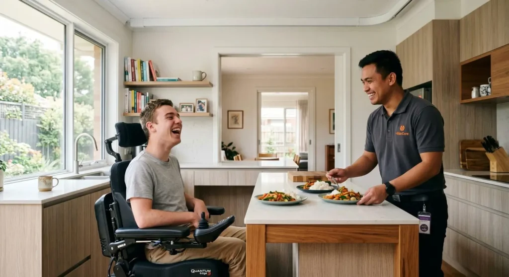 Caregiver in a dark polo serves two plates of dinner to a smiling man in a wheelchair at a bright kitchen island.