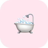 White clawfoot bathtub filled with bubbles and a curved chrome faucet on a pale pink background.