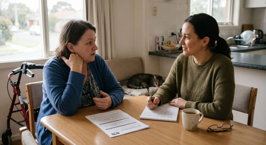 Two women sit at a wooden table discussing papers in a home setting, with a cat sleeping on a sofa in the background.