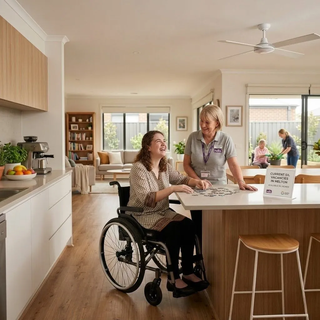 Woman in a wheelchair sits at a kitchen island, smiling as a caregiver chats beside her in a bright, home-like space.