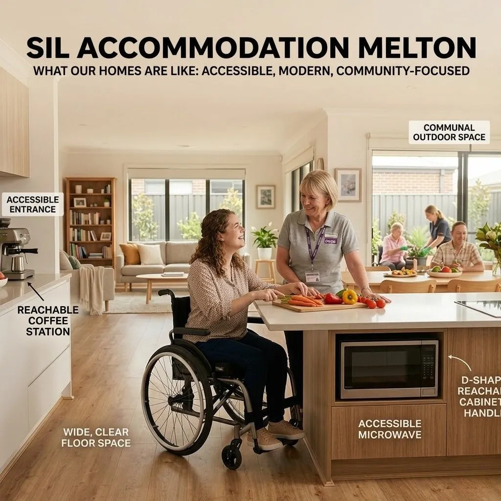 Open, accessible kitchen and living space with a wheelchair user and caregiver at a kitchen island; features include reachable coffee station and accessible microwave in a wide, modern home.