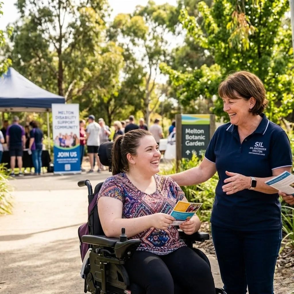 Smiling woman in a wheelchair chats with a staff member at an outdoor community event, banners and tents in the background on a sunny day.