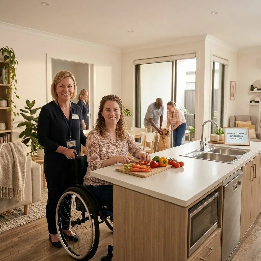 Woman in a wheelchair chops vegetables on a kitchen island while a caregiver stands beside her smiling in a bright home setting.