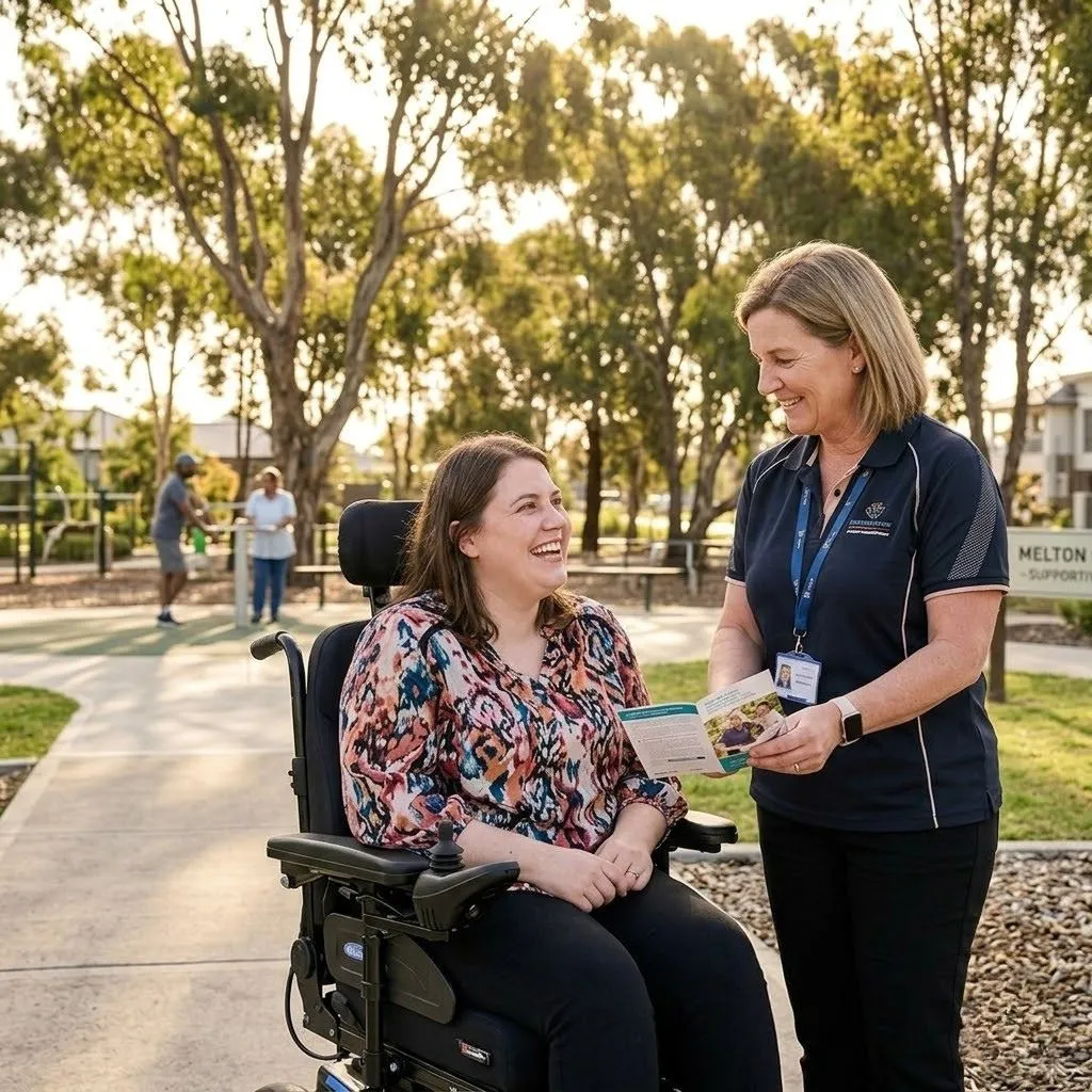 Caregiver in a navy polo hands a brochure to a smiling woman in a wheelchair outdoors.