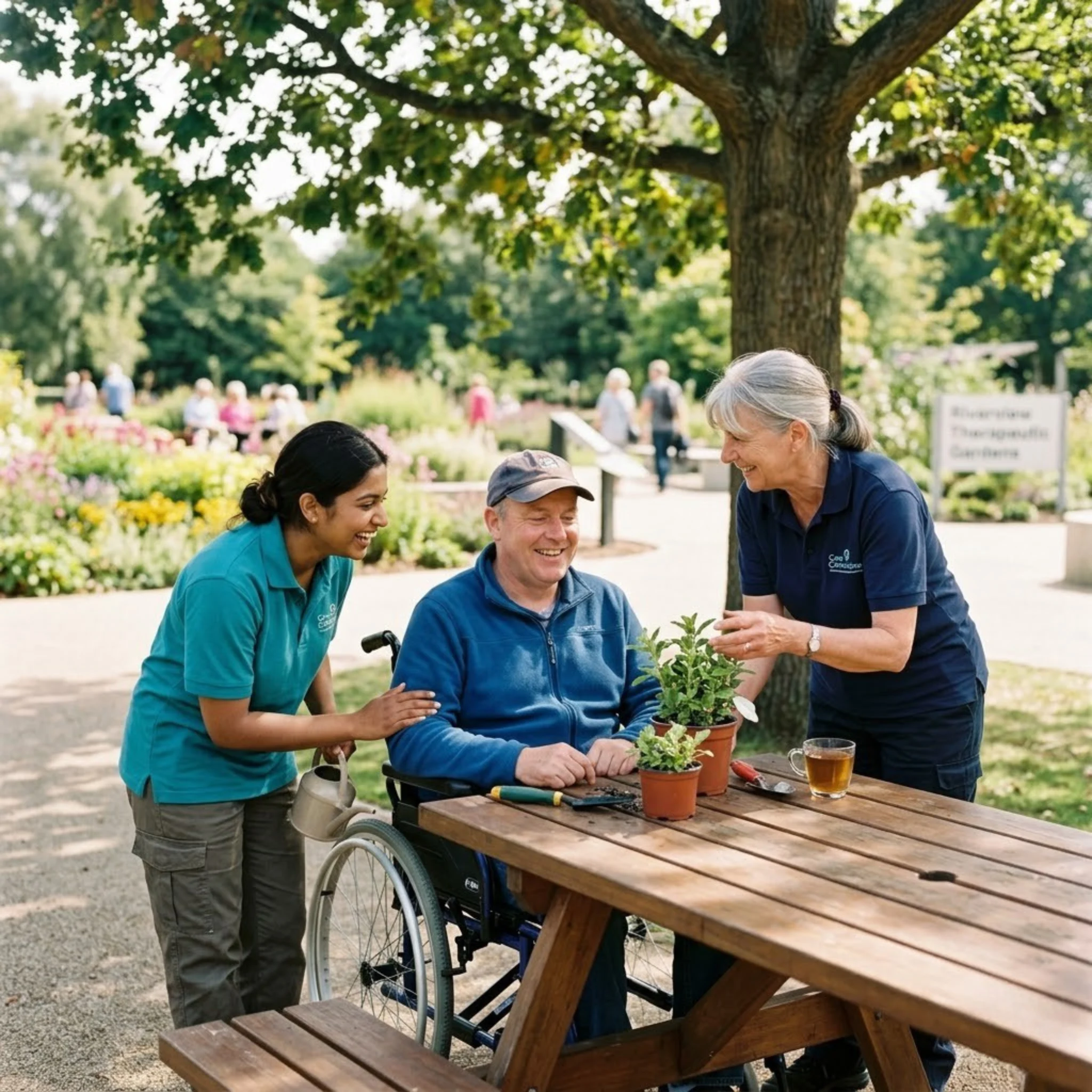 Two Female Worker Spend Time With Disable Person